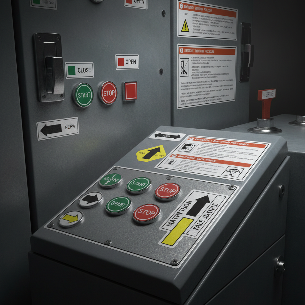 Industrial adhesive labels including push button labels, open close labels, direction labels and instruction labels on equipment panels