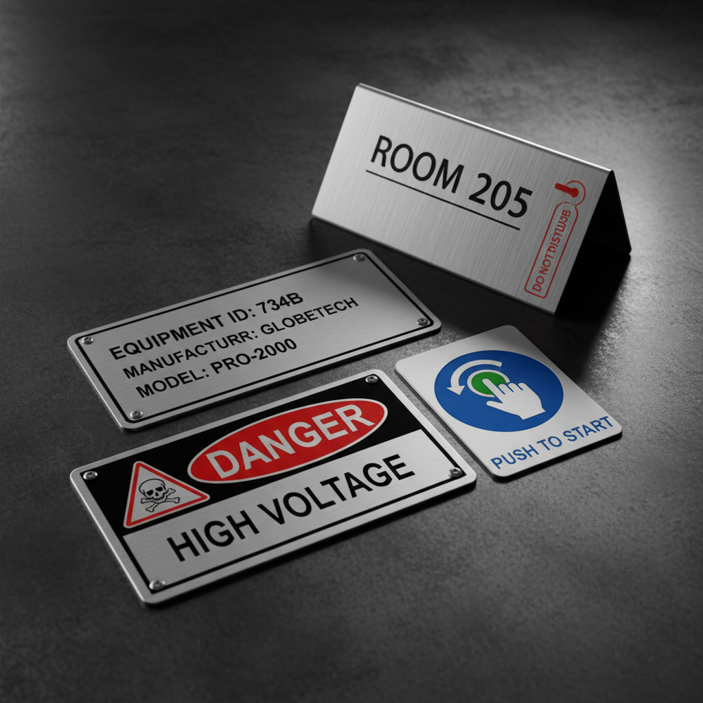 Industrial label plates including danger plate, safety symbol plate, printed name plate and hotel standing plate