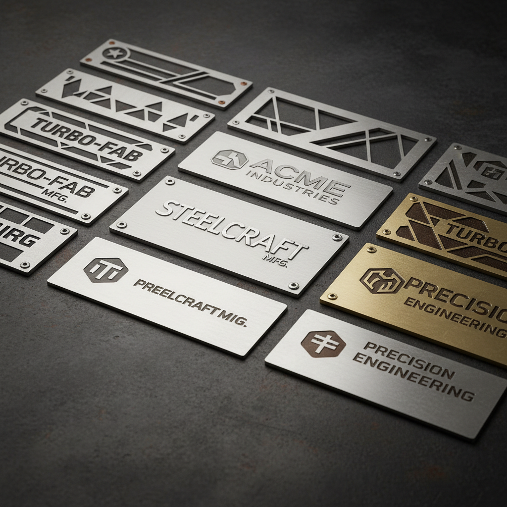 Collection of aluminium, stainless steel, and brass etching name plates with laser-cut precision finish