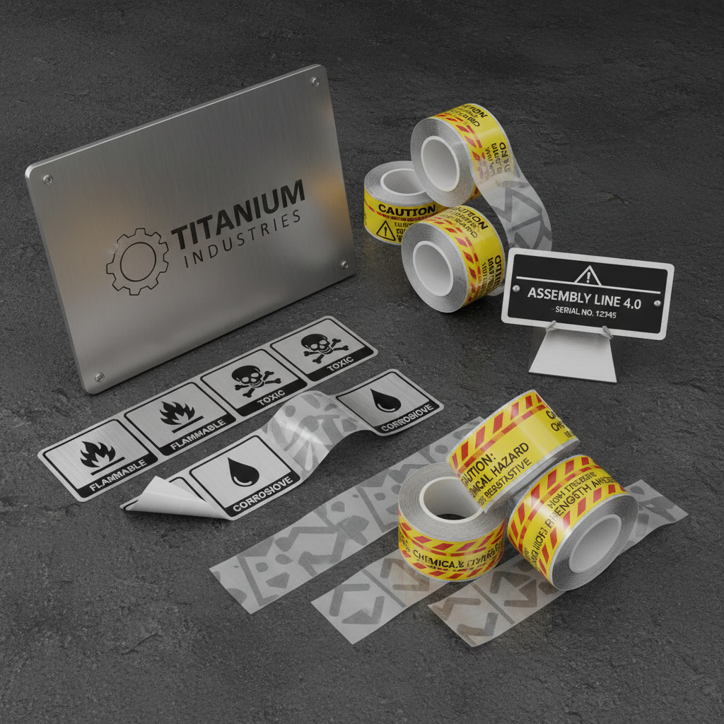 New innovative products including titanium sign board, chemical adhesive labels, aluminum labels, fabrication name plate and polycarbonate stickers