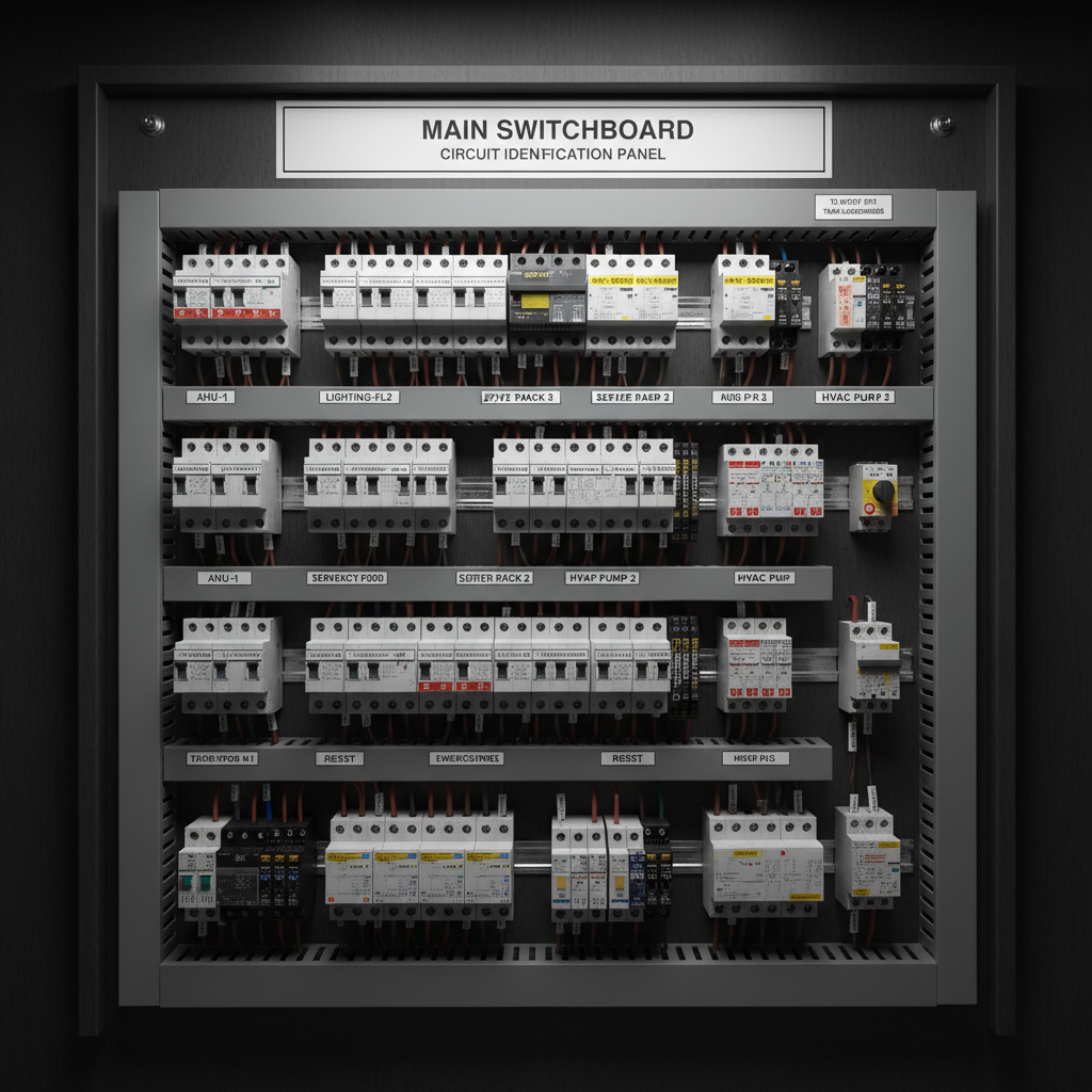Industrial electrical panel board labels showing organized labeled switchboard with circuit identification labels and control panel markers